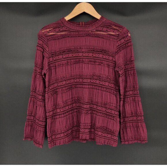 By Timo Womens Lace Long Sheer Sleeve Top M Burgundy Boho Chic Bohemian Western - Picture 1 of 8